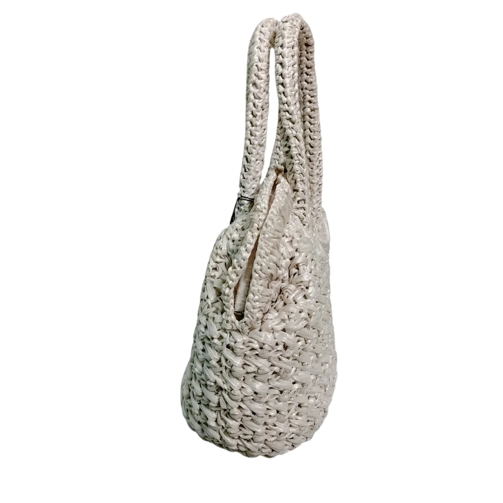 Cream Crochet Raffia Structured Satchel Handbag Top Handle Summer Boho Beach
